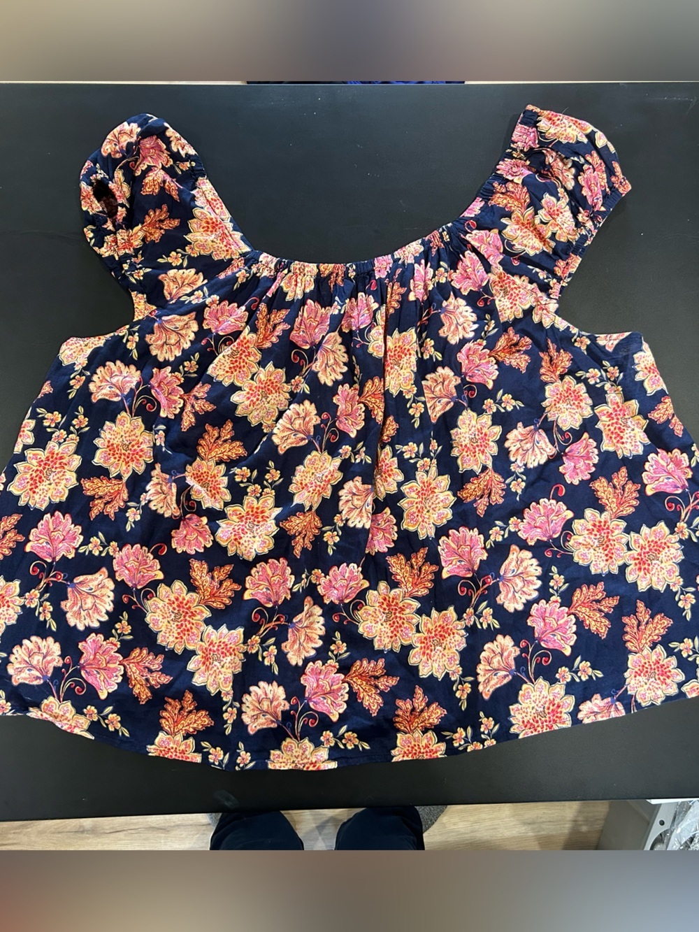 Old Navy Navy Floral Tie-Neck Top with Pink & Yellow Print